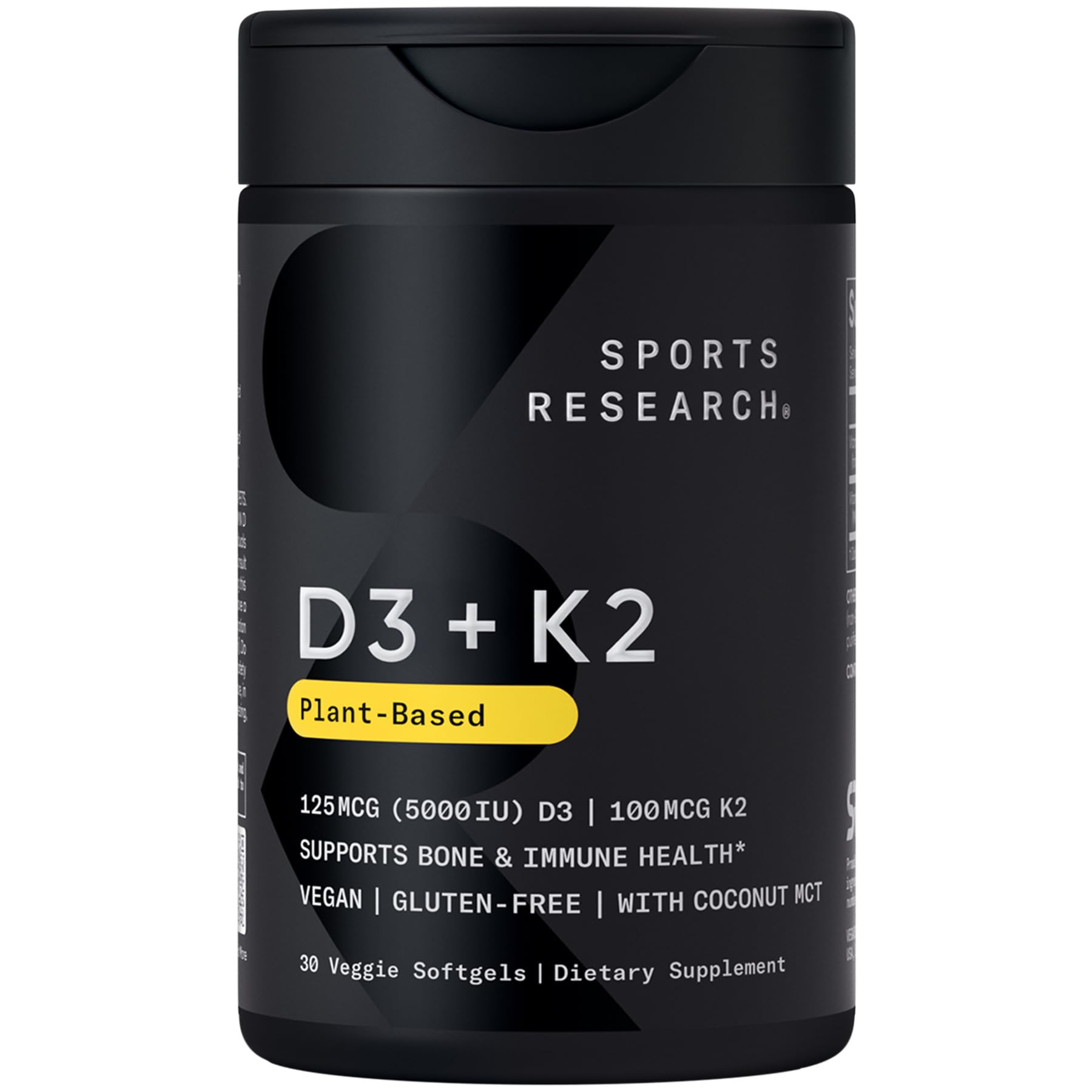 Sports Research® Vitamin D3 + K2 w/ Coconut Oil - Vegan Vitamin D 5000iu & Mk7 Vitamin K 100mcg for Bone & Immune Support - Vegan Certified · Non-GMO · Soy Free - 60 Softgels