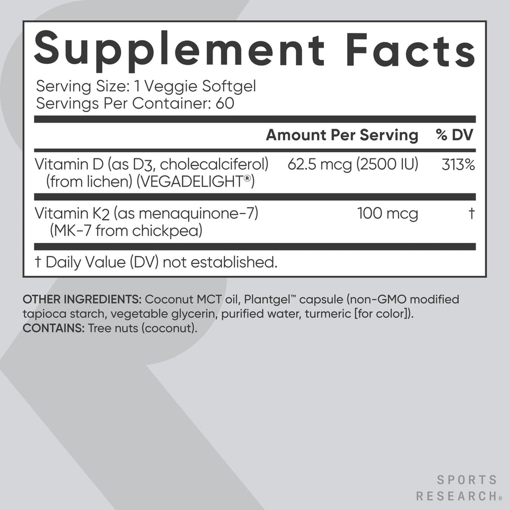Sports Research® Vitamin D3 + K2 w/ Coconut Oil - Vegan Vitamin D 5000iu & Mk7 Vitamin K 100mcg