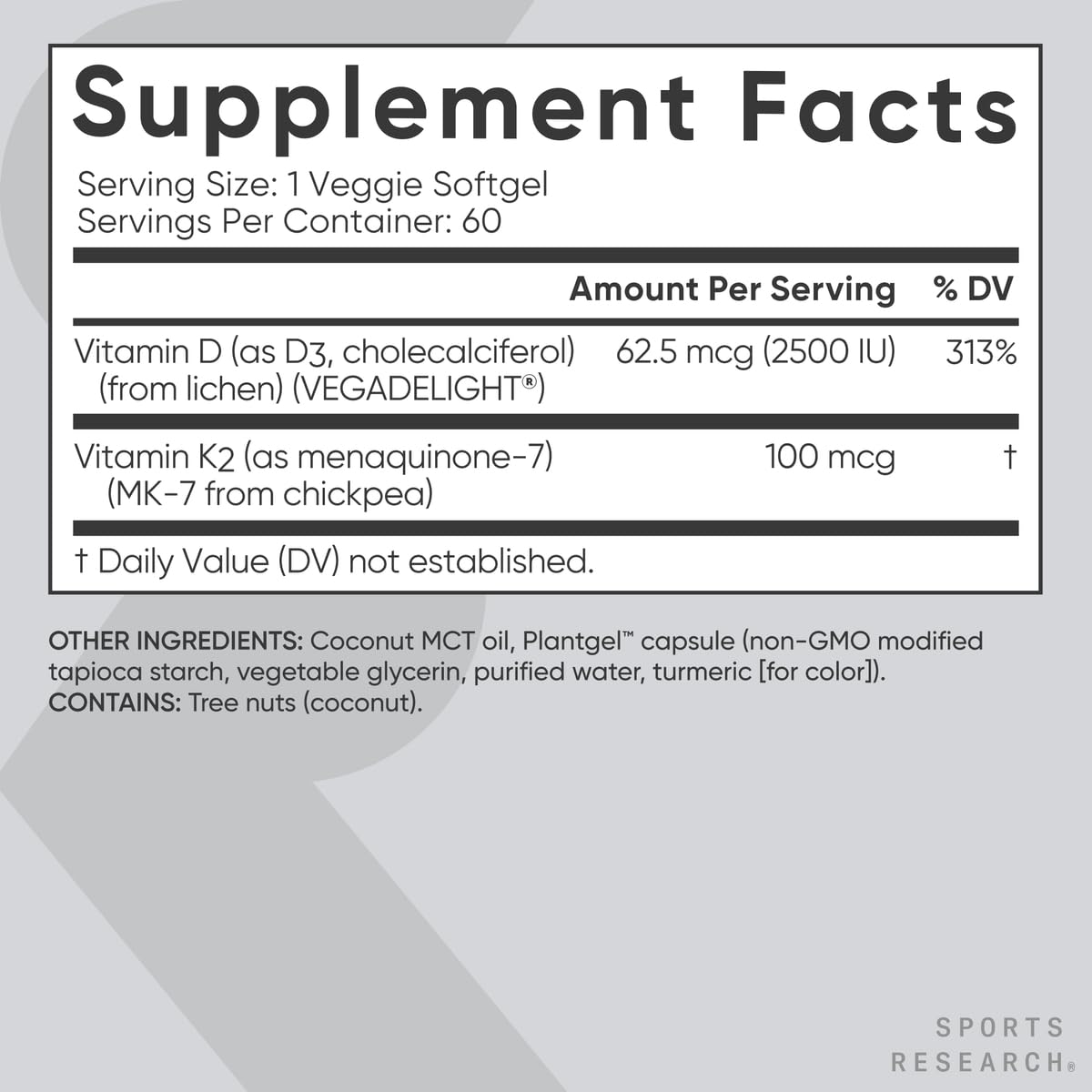 Sports Research® Vitamin D3 + K2 w/ Coconut Oil - Vegan Vitamin D 5000iu & Mk7 Vitamin K 100mcg