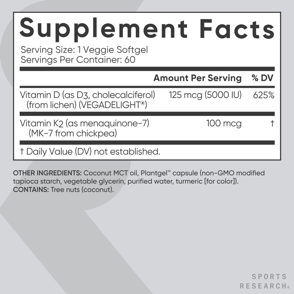 Sports Research® Vitamin D3 + K2 w/ Coconut Oil - Vegan Vitamin D 5000iu & Mk7 Vitamin K 100mcg