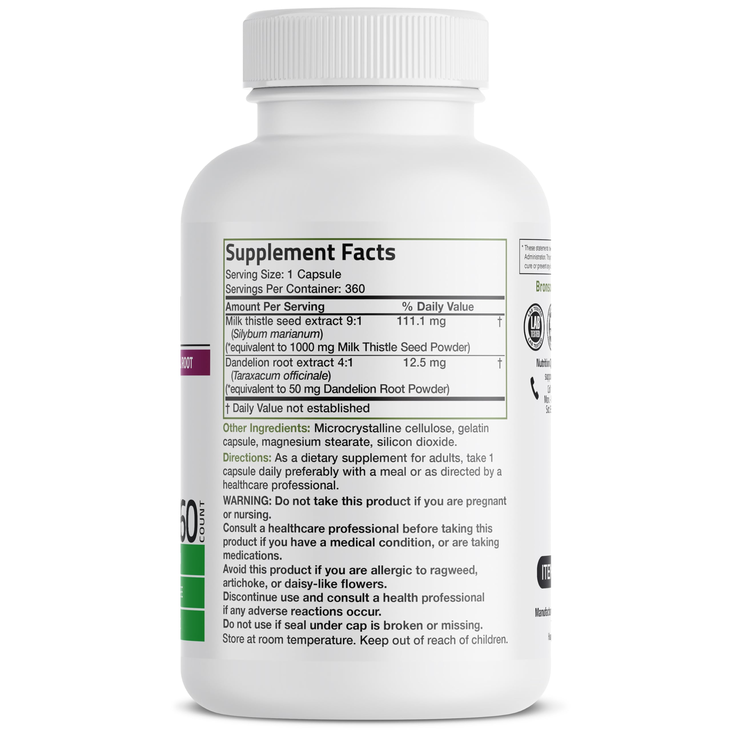 Bronson Milk Thistle Silymarin Marianum & Dandelion Root Liver Health Support, Antioxidant Support, Detox, 120 Capsules