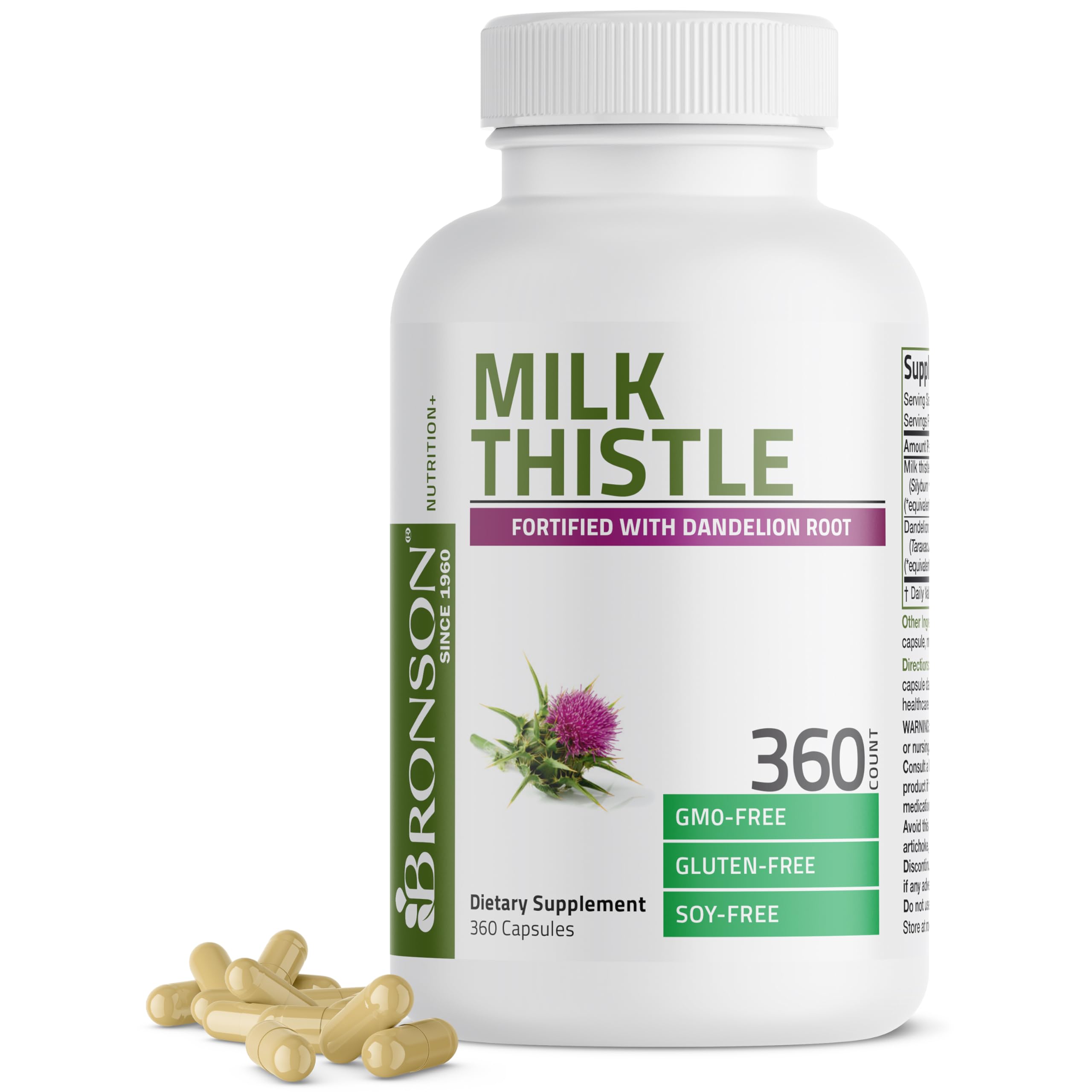 Bronson Milk Thistle Silymarin Marianum & Dandelion Root Liver Health Support, Antioxidant Support, Detox, 120 Capsules