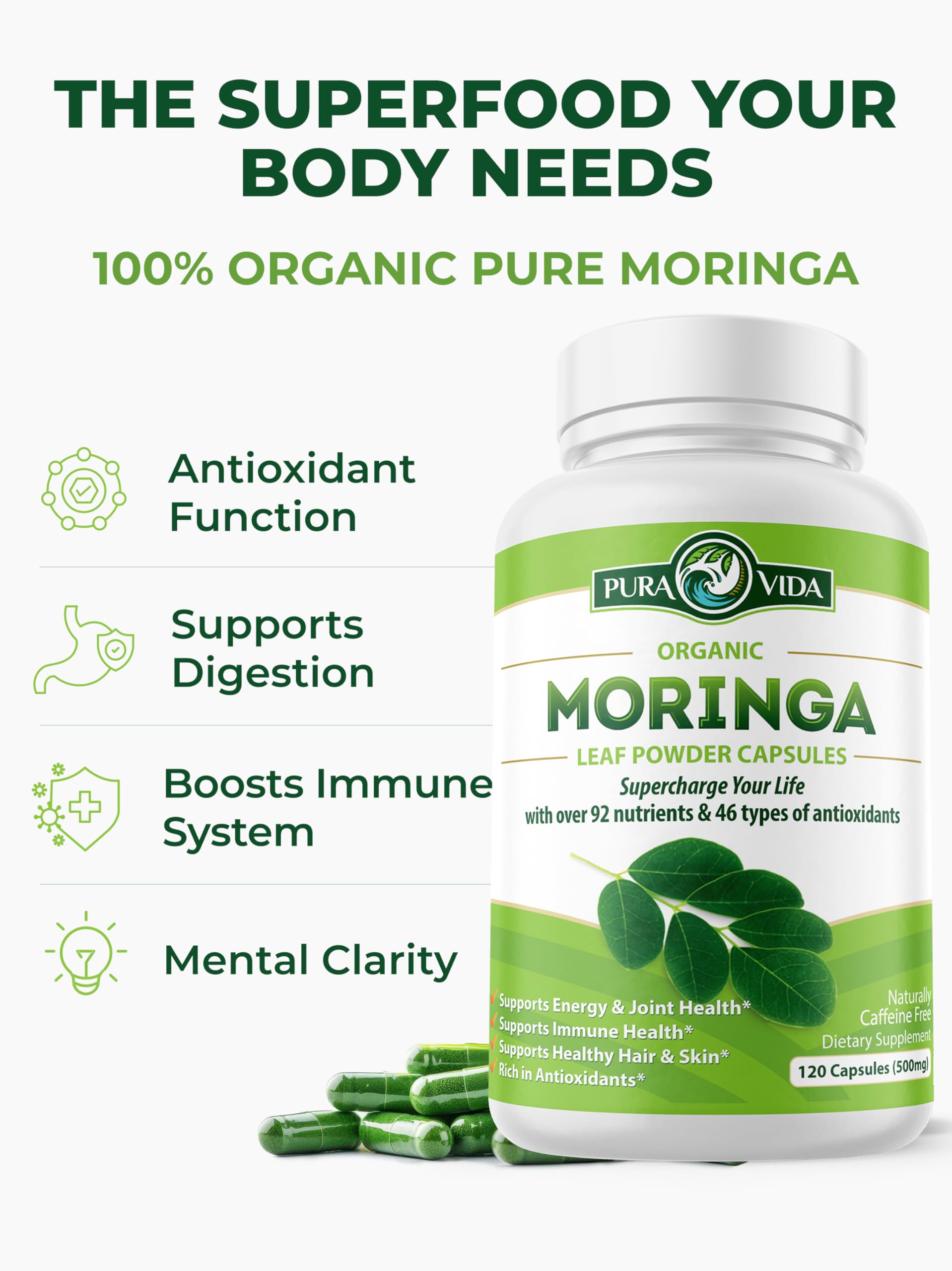 PURA VIDA MORINGA Capsules Single Origin Moringa Powder Organic