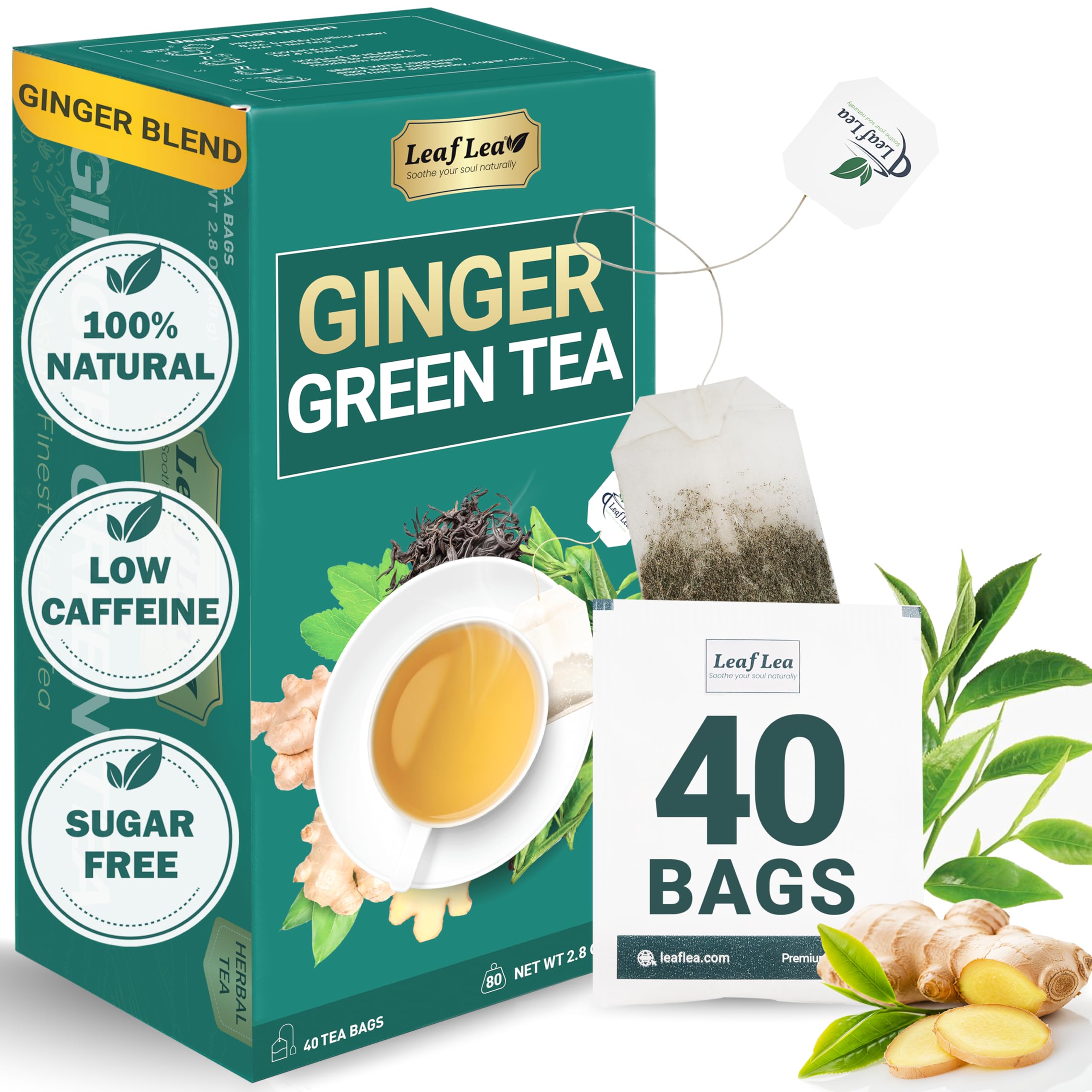 LeafLea 40 Turmeric Ginger Cinnamon Tea Bags, 100% Natural Ingredients Herbal Tea