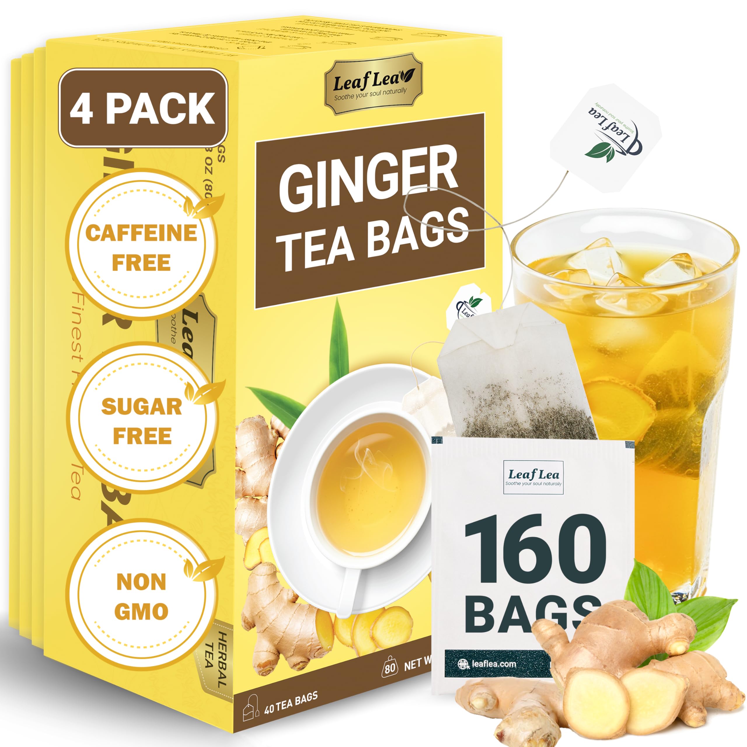 LeafLea 40 Turmeric Ginger Cinnamon Tea Bags, 100% Natural Ingredients Herbal Tea
