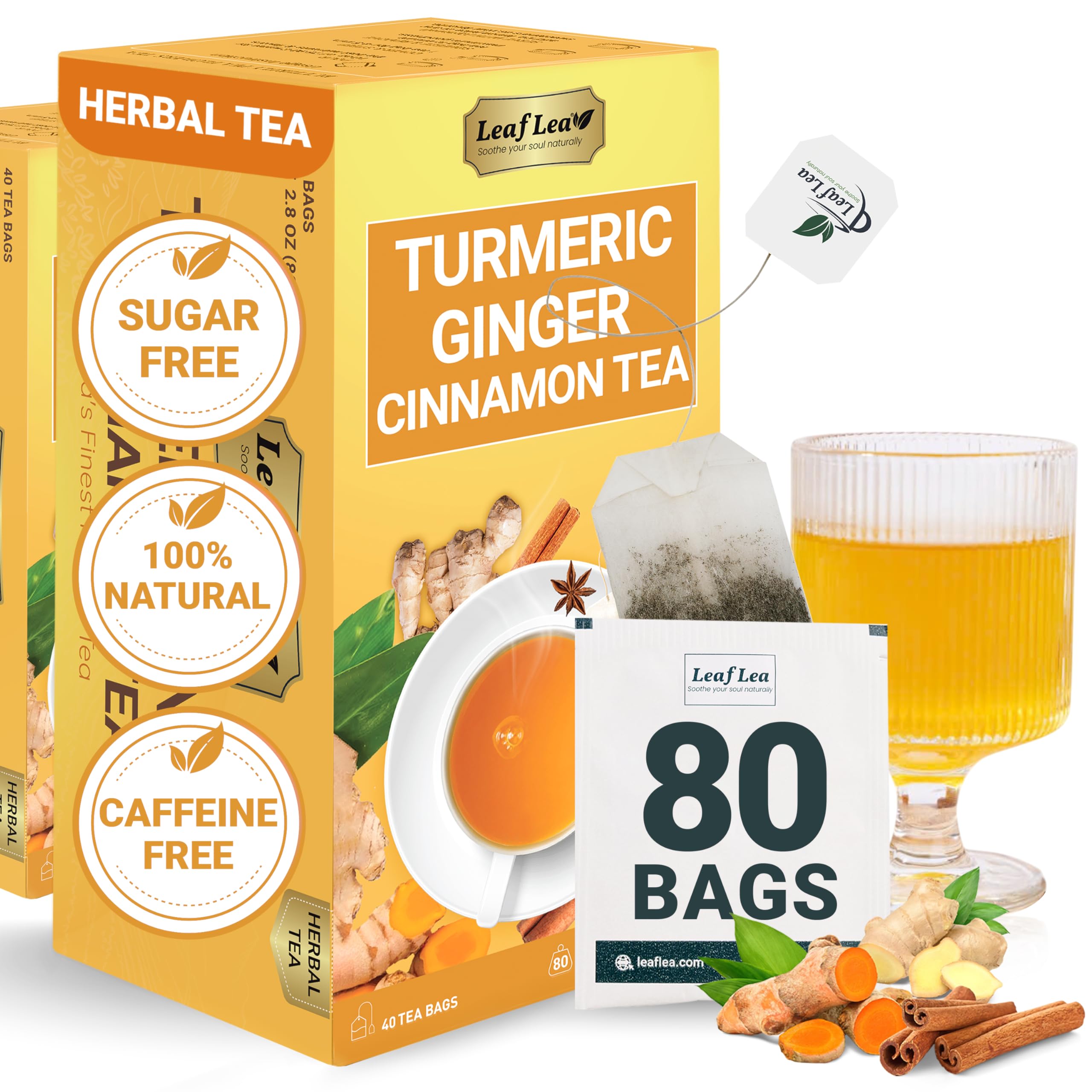 LeafLea 40 Turmeric Ginger Cinnamon Tea Bags, 100% Natural Ingredients Herbal Tea