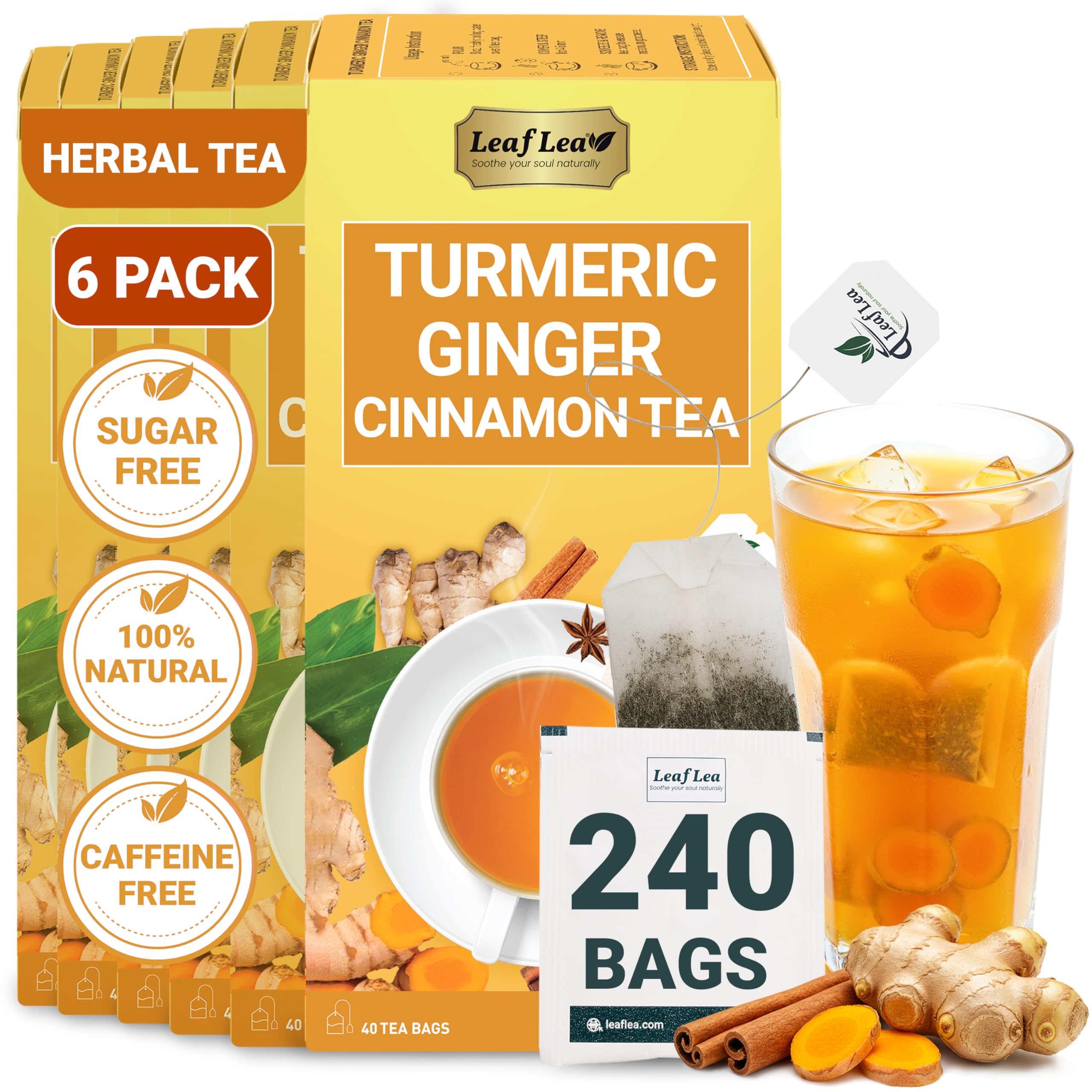 LeafLea 40 Turmeric Ginger Cinnamon Tea Bags, 100% Natural Ingredients Herbal Tea