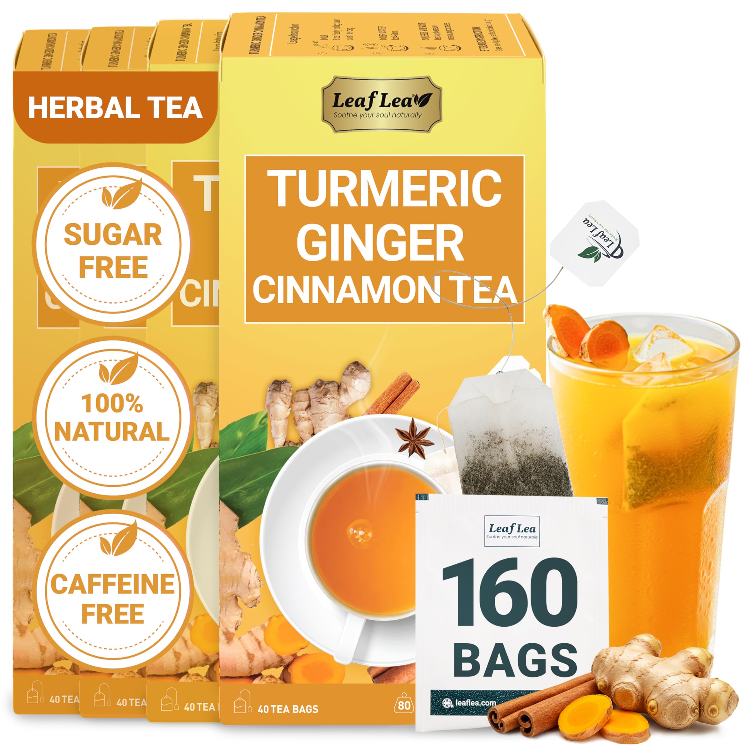 LeafLea 40 Turmeric Ginger Cinnamon Tea Bags, 100% Natural Ingredients Herbal Tea