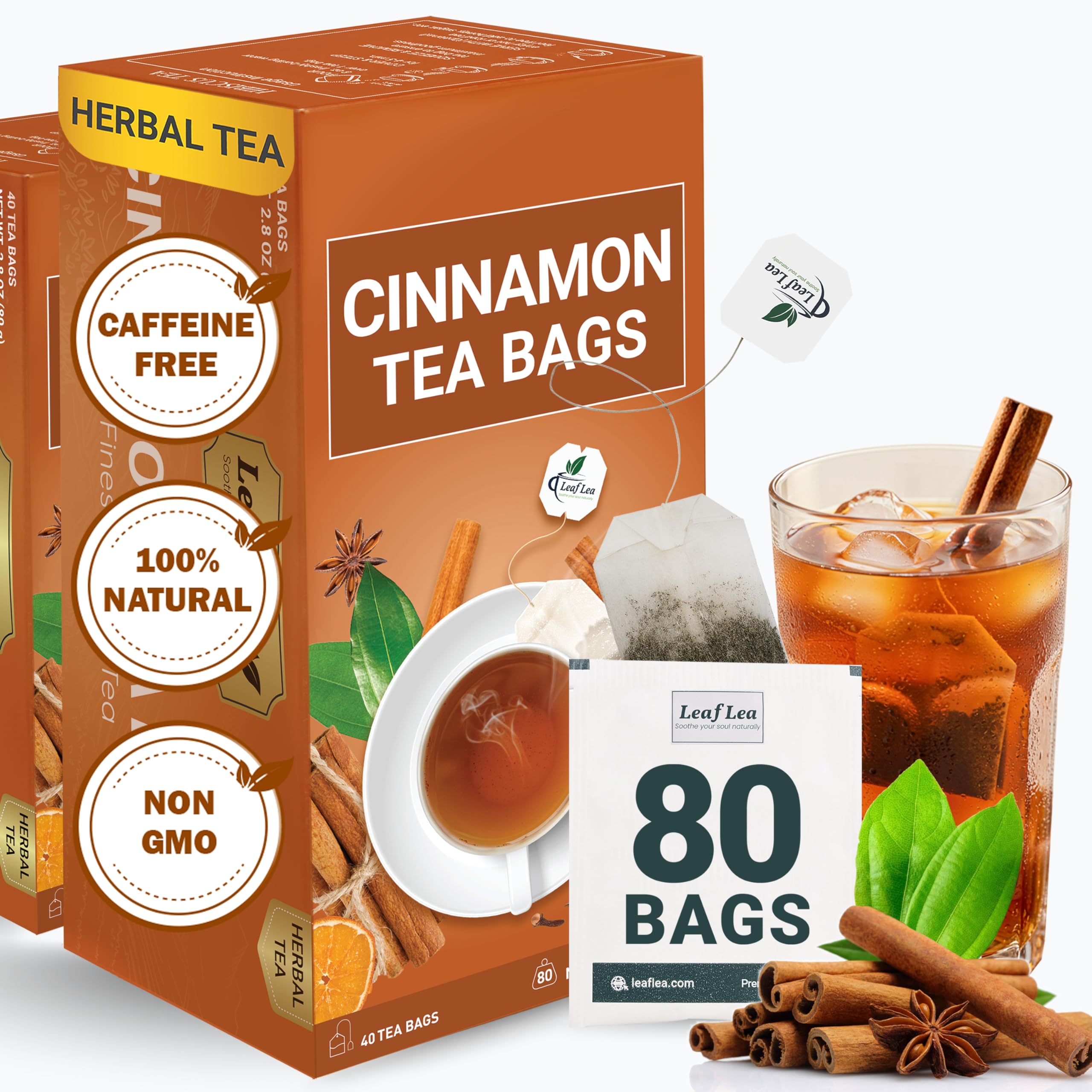 LeafLea 40 Turmeric Ginger Cinnamon Tea Bags, 100% Natural Ingredients Herbal Tea