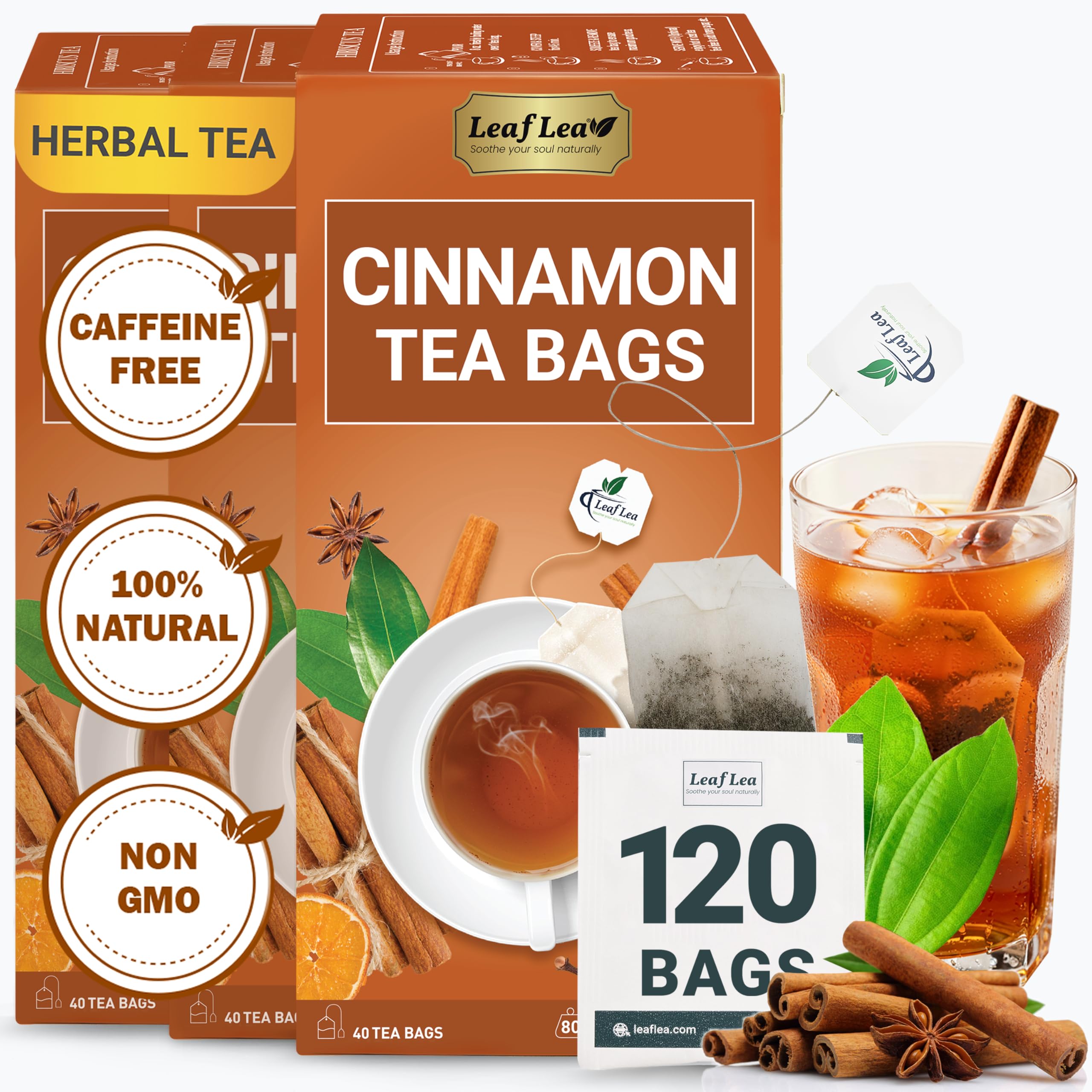 LeafLea 40 Turmeric Ginger Cinnamon Tea Bags, 100% Natural Ingredients Herbal Tea