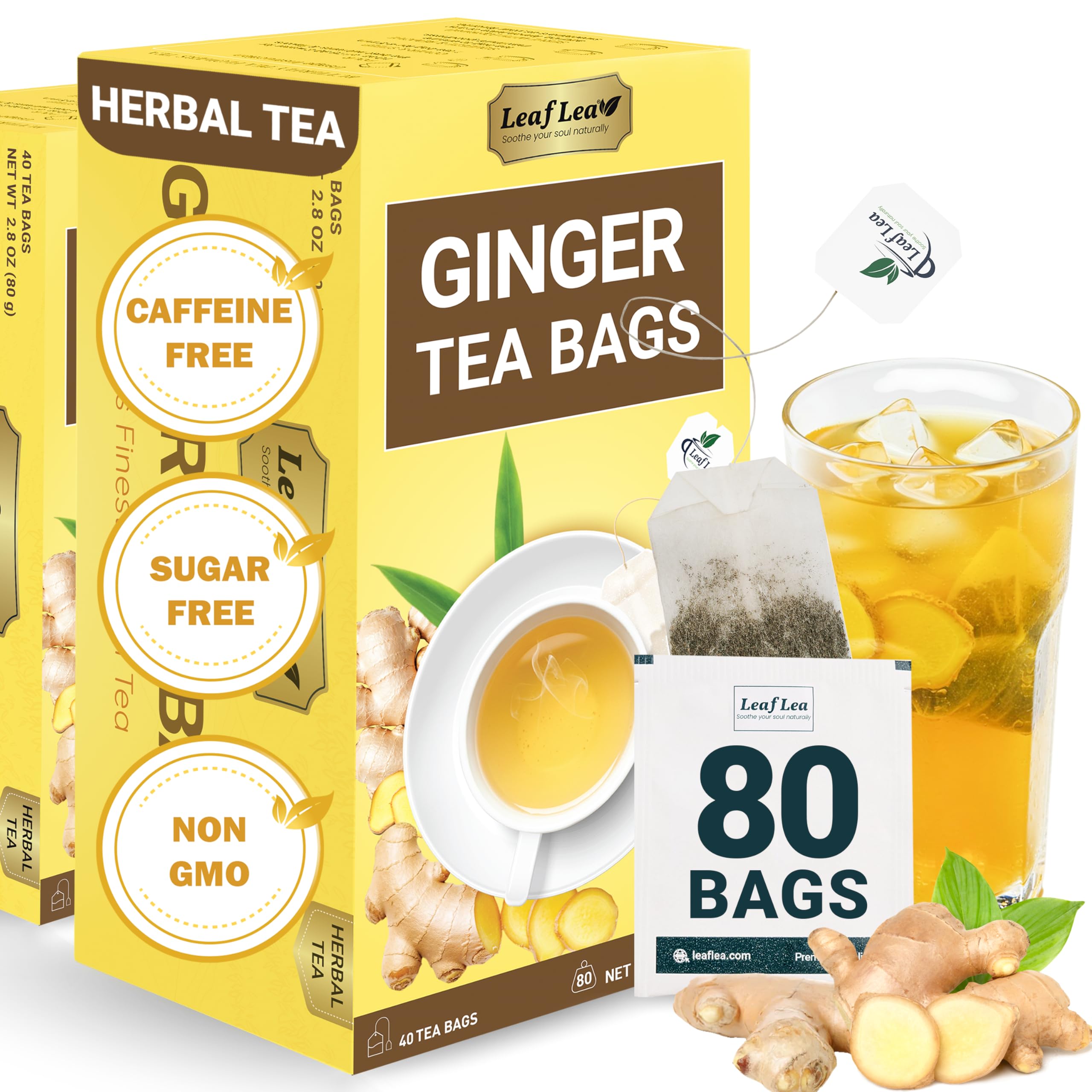 LeafLea 40 Turmeric Ginger Cinnamon Tea Bags, 100% Natural Ingredients Herbal Tea