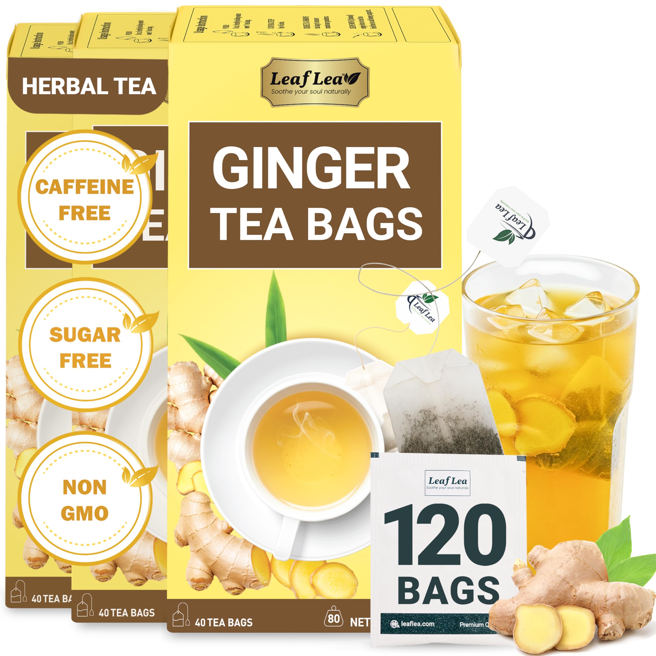 LeafLea 40 Turmeric Ginger Cinnamon Tea Bags, 100% Natural Ingredients Herbal Tea