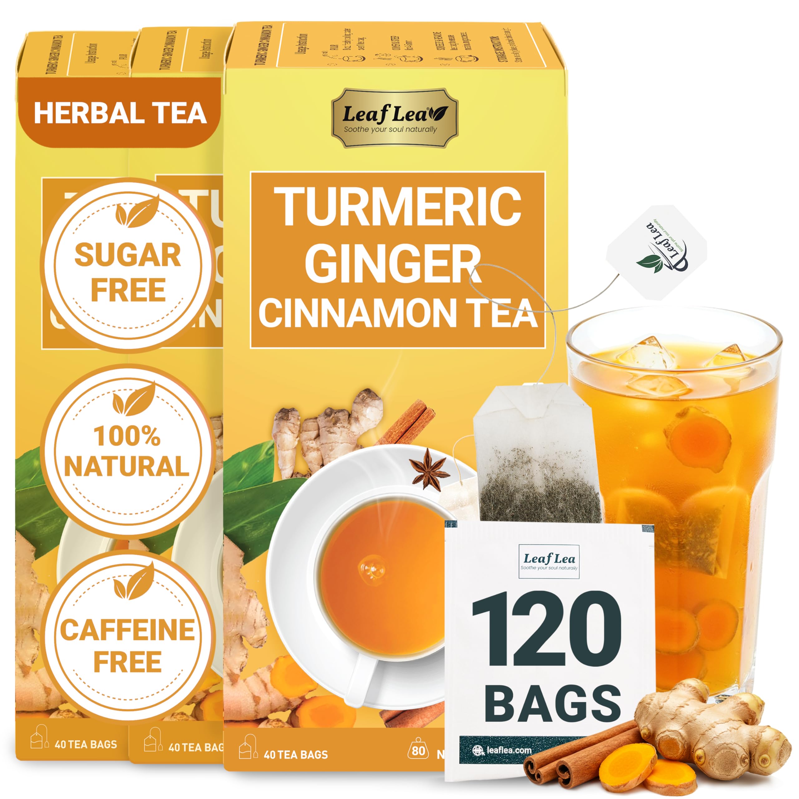 LeafLea 40 Turmeric Ginger Cinnamon Tea Bags, 100% Natural Ingredients Herbal Tea