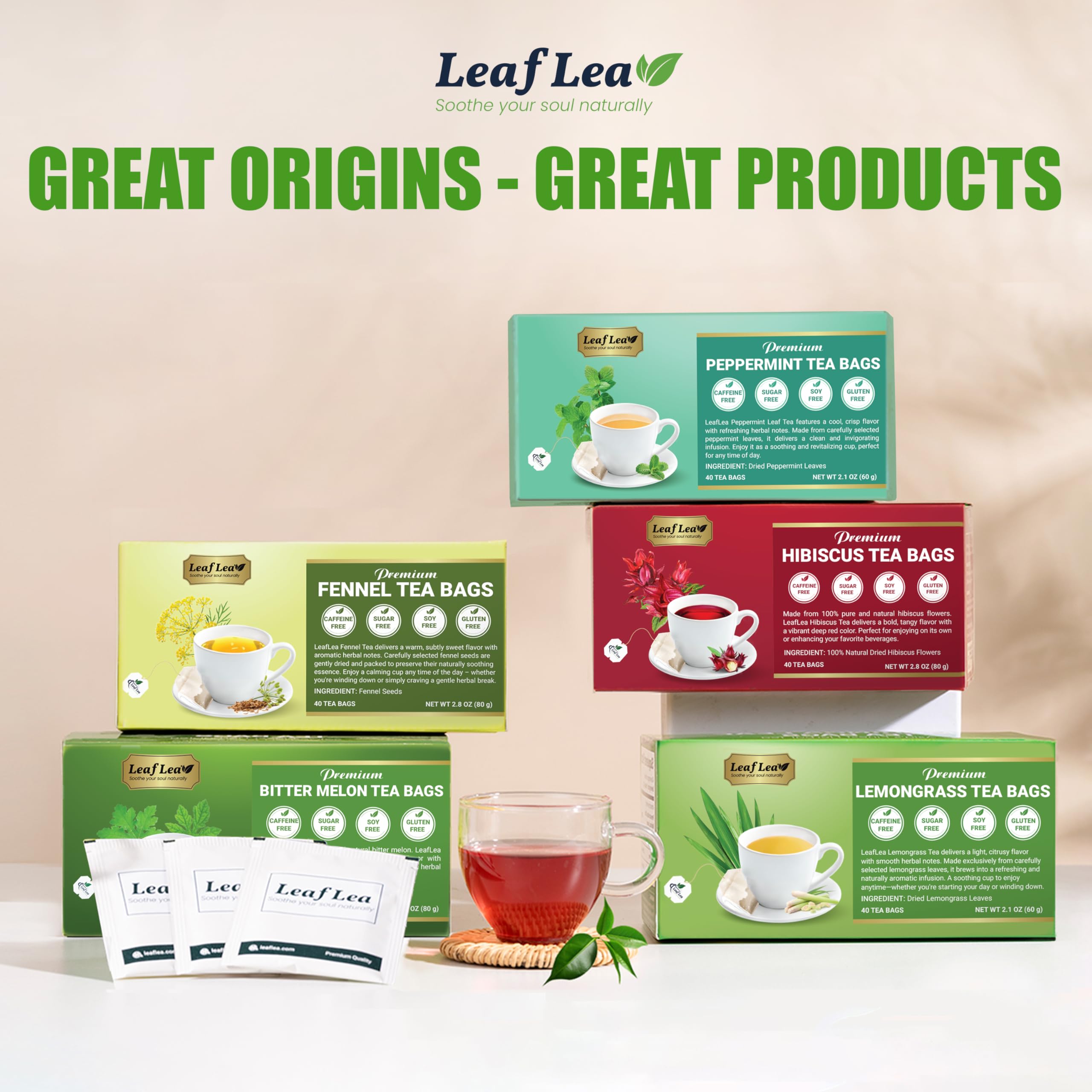 LeafLea 40 Turmeric Ginger Cinnamon Tea Bags, 100% Natural Ingredients Herbal Tea