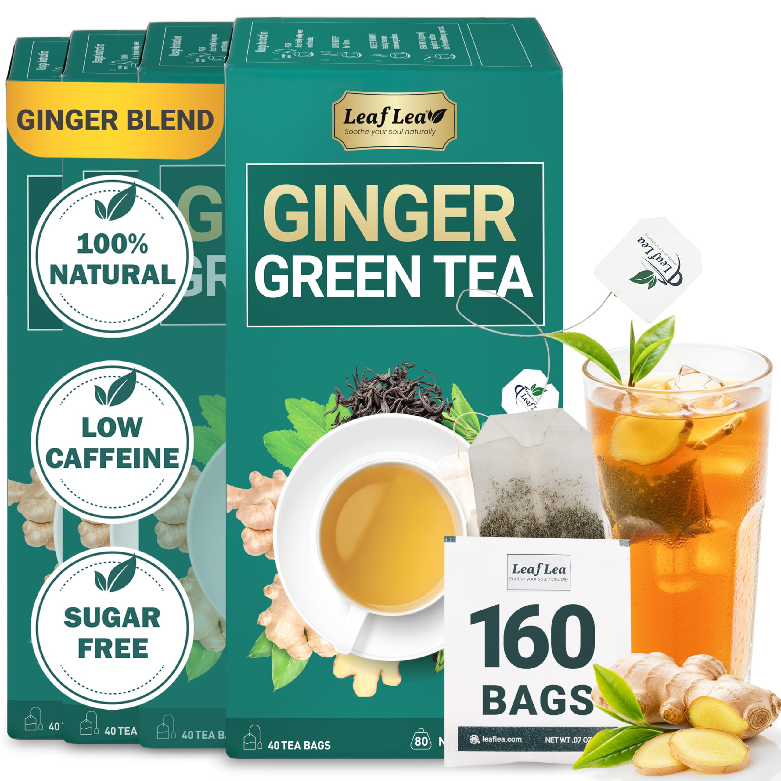 LeafLea 40 Turmeric Ginger Cinnamon Tea Bags, 100% Natural Ingredients Herbal Tea