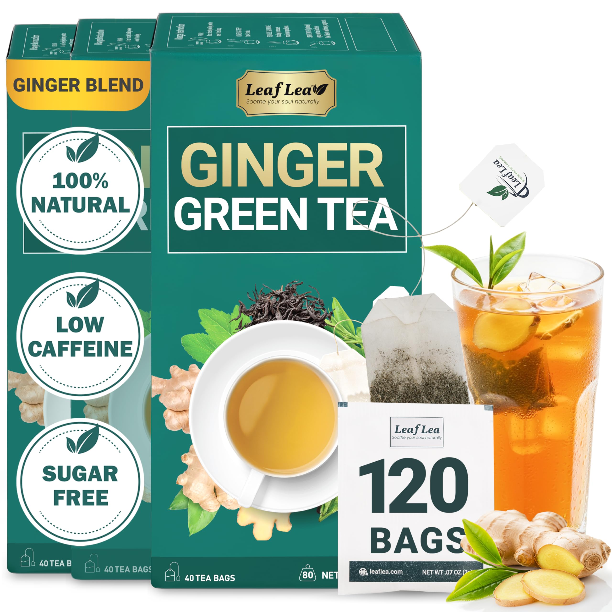 LeafLea 40 Turmeric Ginger Cinnamon Tea Bags, 100% Natural Ingredients Herbal Tea