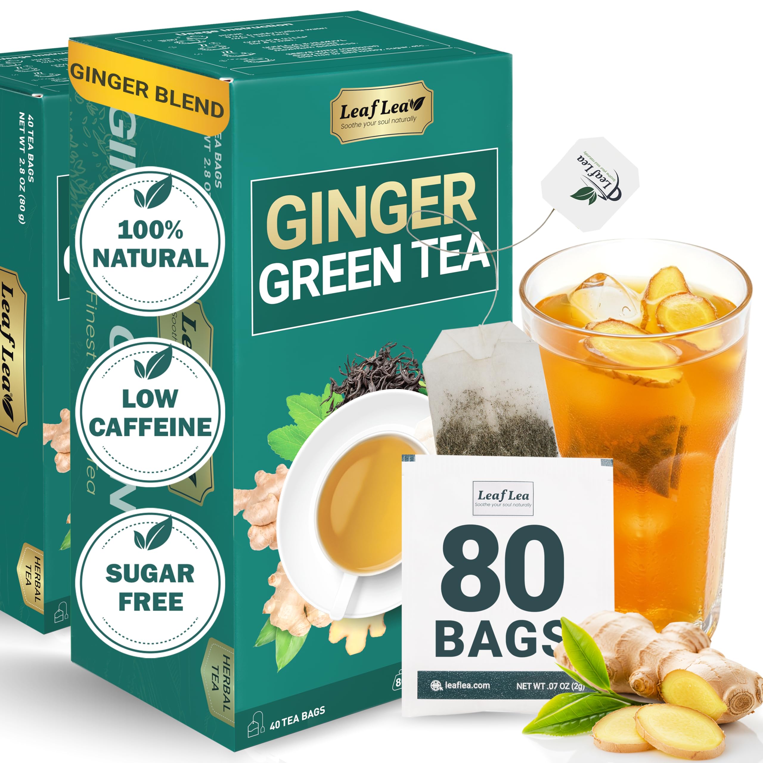 LeafLea 40 Turmeric Ginger Cinnamon Tea Bags, 100% Natural Ingredients Herbal Tea